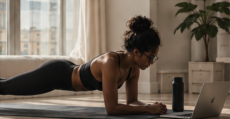 Gainage à la maison devant un ordinateur portable